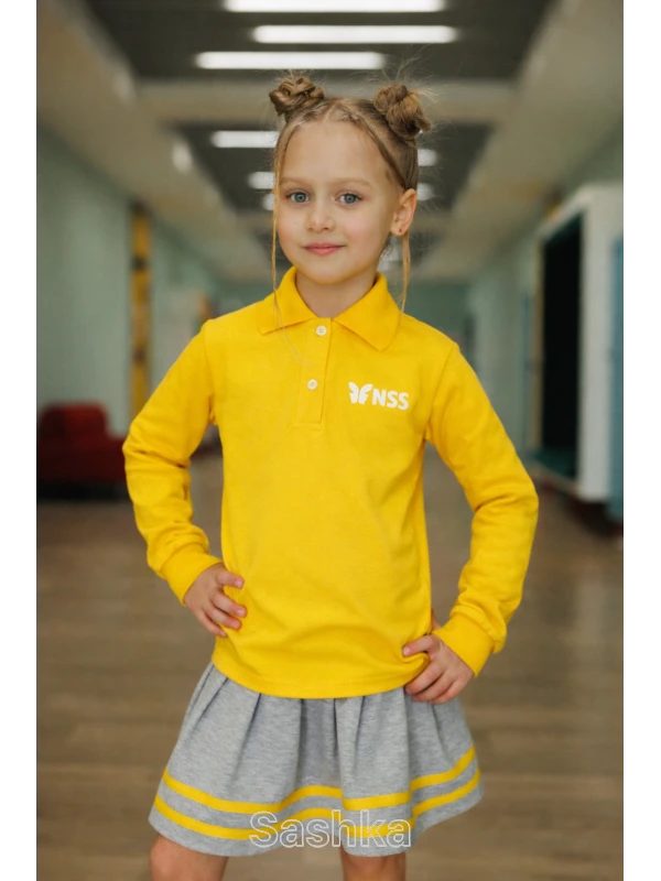 Поло для дівчинки з довгим рукавом жовте з логотипом школи NSS, розмір 116-188